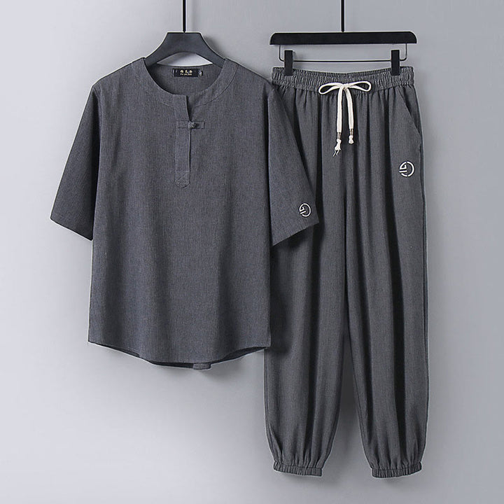 Buddha Stones Frog-Button Short Sleeve Shirt Drawstring Pants Men's Suit