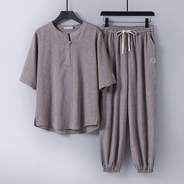 Buddha Stones Frog-Button Short Sleeve Shirt Drawstring Pants Men's Suit