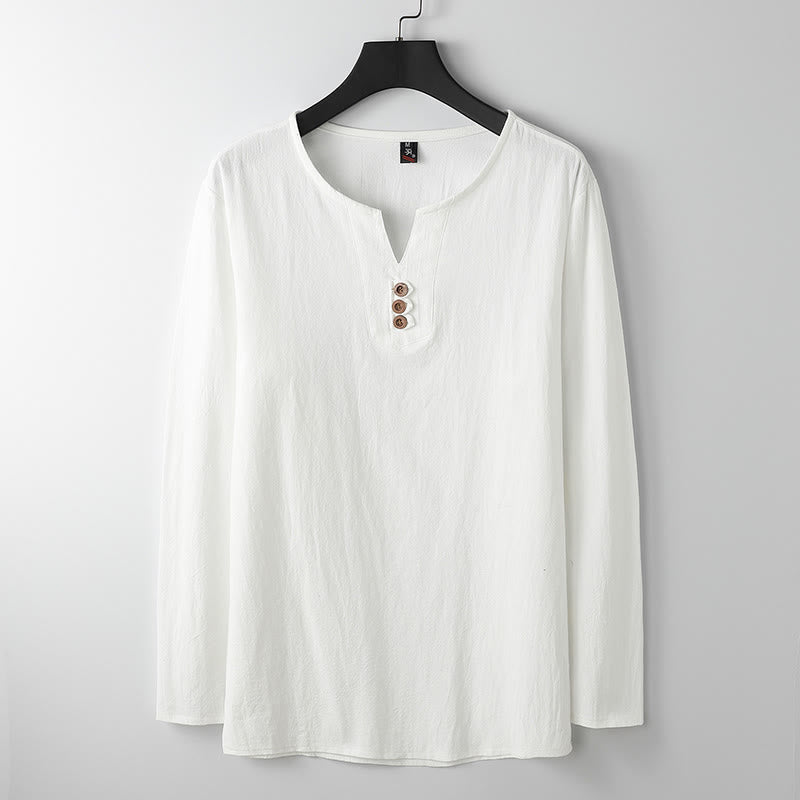 Buddha Stones Solid Color Long Sleeve Button Shirt Cotton Linen Men Clothing - White - US/UK/AU54，EU64 (9XL) - image 1