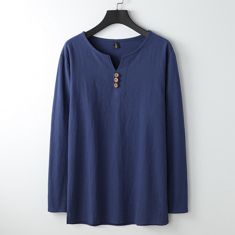 Buddha Stones Solid Color Long Sleeve Button Shirt Cotton Linen Men Clothing - Navy - US/UK/AU54，EU64 (9XL) - image 0