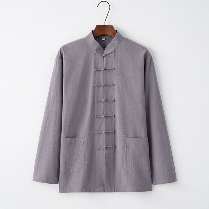 Buddha Stones Tang Frog-Button Long Sleeve Shirt Cotton Men's Clothing - LightSlateGray - US/UK/AU44，EU54 (4XL) - image 0