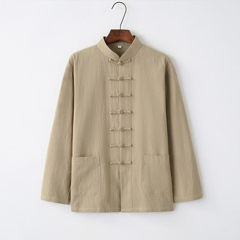 Buddha Stones Tang Frog-Button Long Sleeve Shirt Cotton Men's Clothing - Tan - US/UK/AU44，EU54 (4XL) - image 7