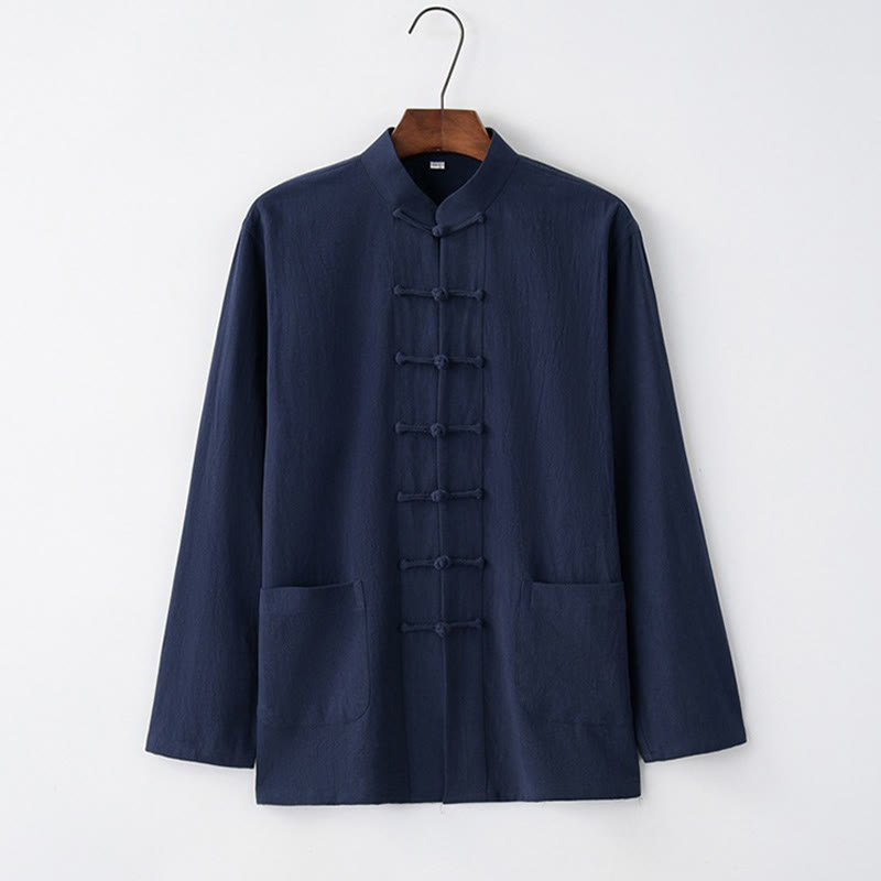 Buddha Stones Tang Frog-Button Long Sleeve Shirt Cotton Men's Clothing - MidnightBlue - US/UK/AU44，EU54 (4XL) - image 4