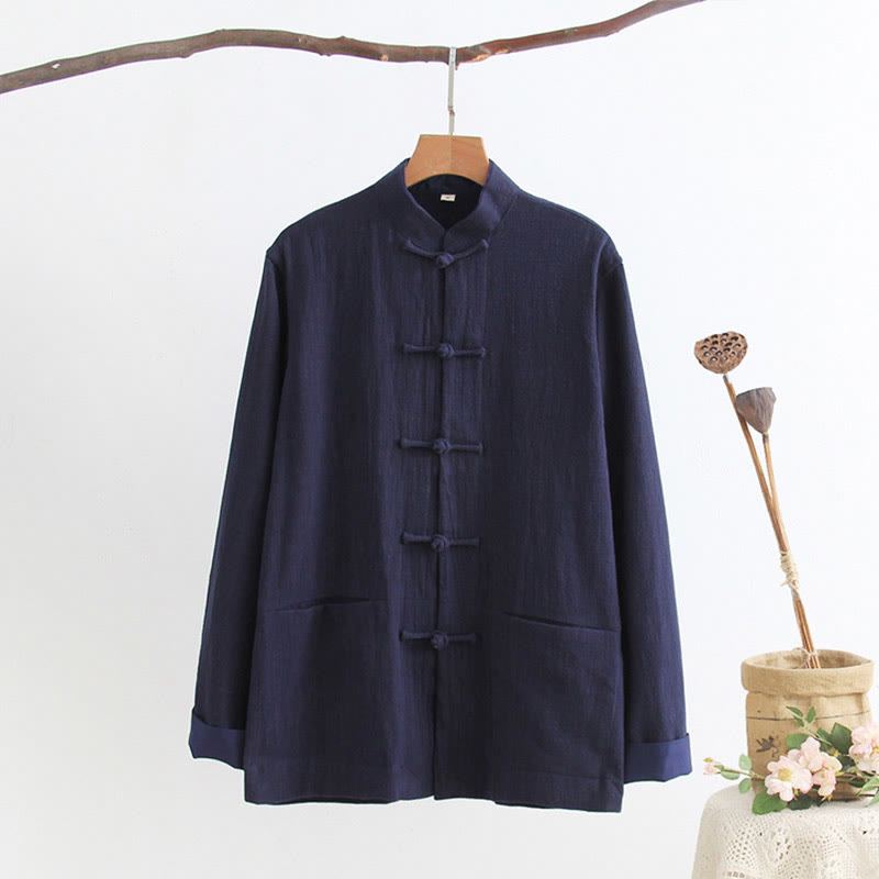 Buddha Stones Tang Frog-Button Long Sleeve Shirt Cotton Linen Men's Clothing