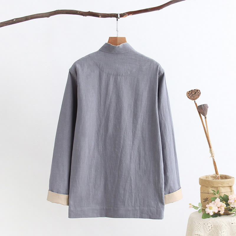 Buddha Stones Tang Frog-Button Long Sleeve Shirt Cotton Linen Men's Clothing