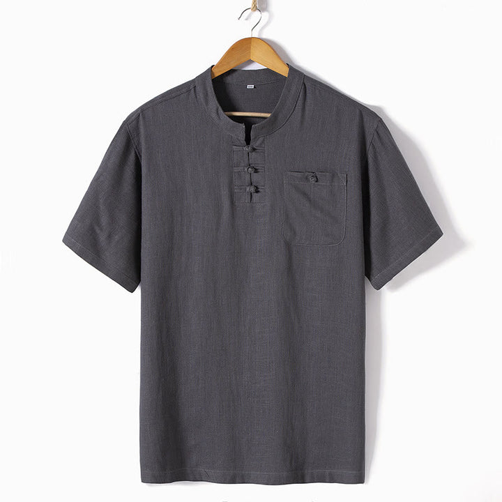 Buddha Stones Loose Men's Shirt Solid Color Notched Neck Top Short Sleeve Comfy Button Breathable Cotton Linen Shirt - Dark Gray - US/UK/AU46，EU56 (5XL)  - image 3