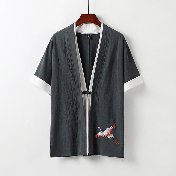 Buddha Stones Fake Two-piece Men's Half Sleeve Embroidery Hanfu Comfort Cotton Kimono - Gray - US/UK/AU54，EU64 (9XL) - image 11