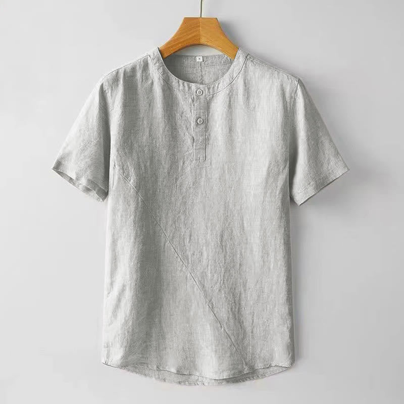 Buddha Stones Summer Men's Solid Color Button Short Sleeve Cotton Linen Shirt