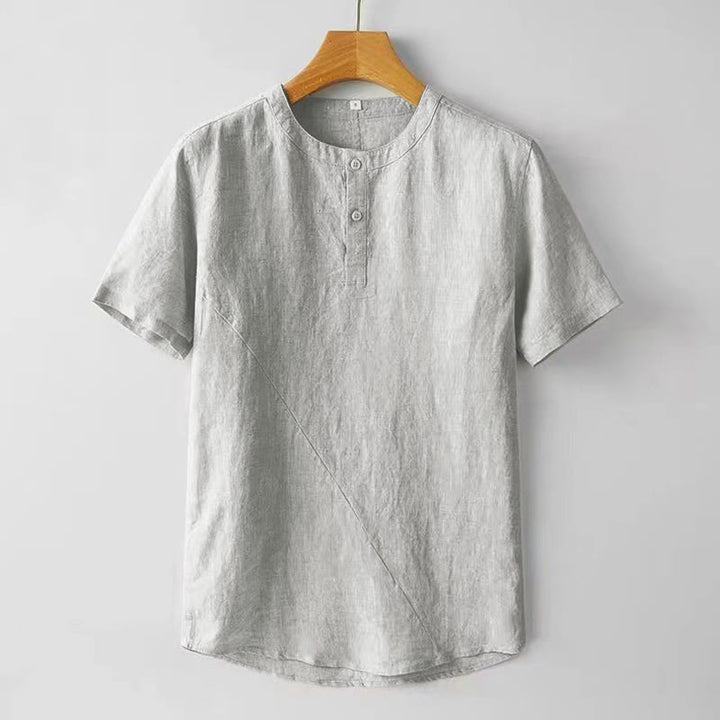 Buddha Stones Summer Men's Solid Color Button Short Sleeve Cotton Linen Shirt