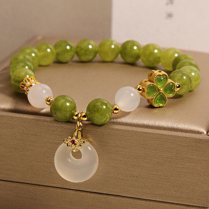 Buddha Stones Green Tourmaline Chalcedony Four Leaf Clover Peace Buckle Charm Wisdom Bracelet