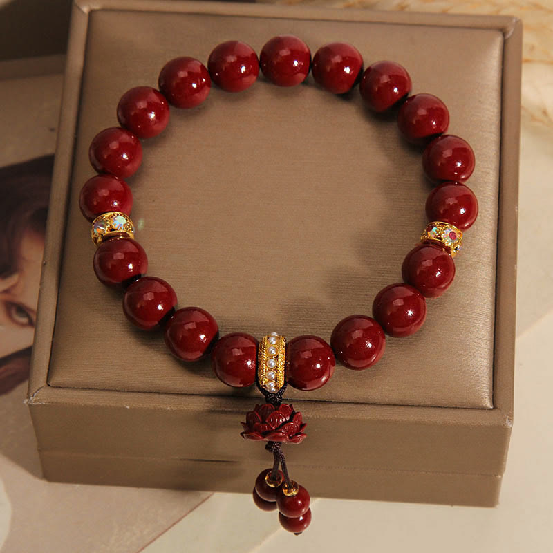 Buddha Stones Cinnabar Lotus Blessing Charm Bracelet