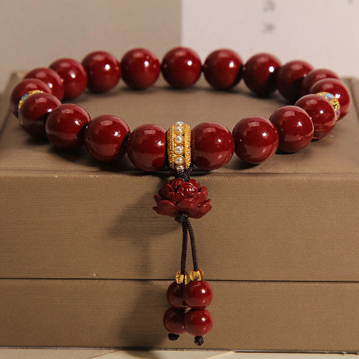 Buddha Stones Cinnabar Lotus Blessing Charm Bracelet