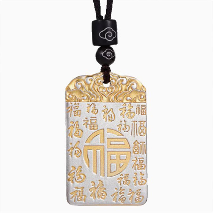 Buddha Stones Silver Plated Copper Fu Character Auspicious Clouds Luck Fortune Rope Necklace Pendant