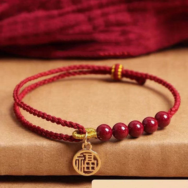 Buddha Stones Cinnabar Fu Character Beads Blessing Red String Handmade Braided Bracelet - Cinnabar Fu Character 925 Sterling Silver Charm(Wrist Circumference: 14-22cm) - image 0