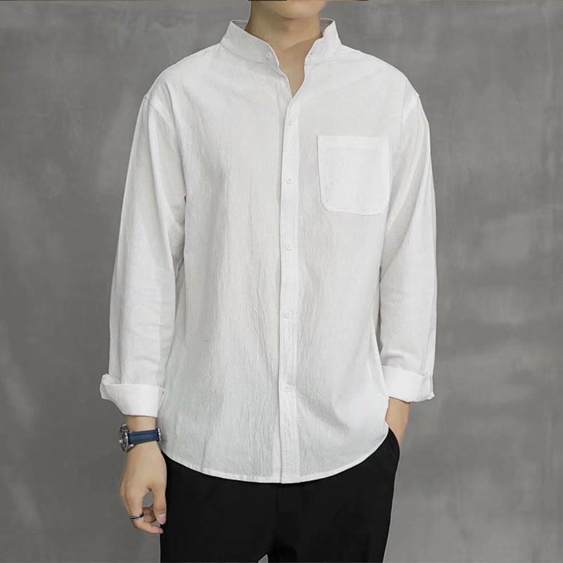 Buddha Stones Men's Long Sleeve Shirt With Pocket Stand Collar Comfort Linen Shirt