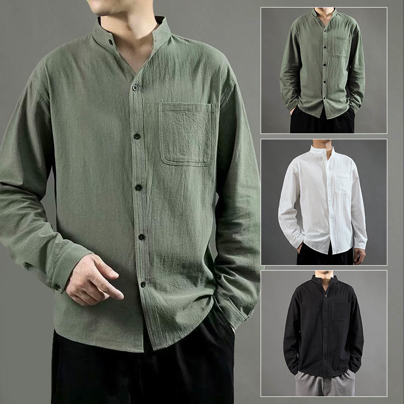 Buddha Stones Men's Long Sleeve Shirt With Pocket Stand Collar Comfort Linen Shirt