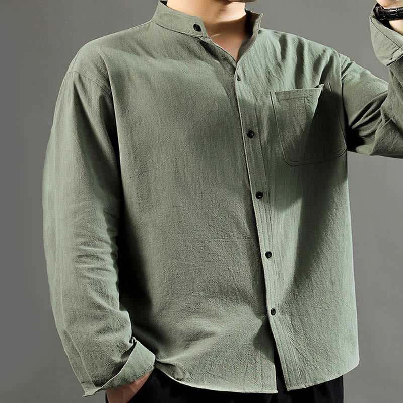 Buddha Stones Men's Long Sleeve Shirt With Pocket Stand Collar Comfort Linen Shirt