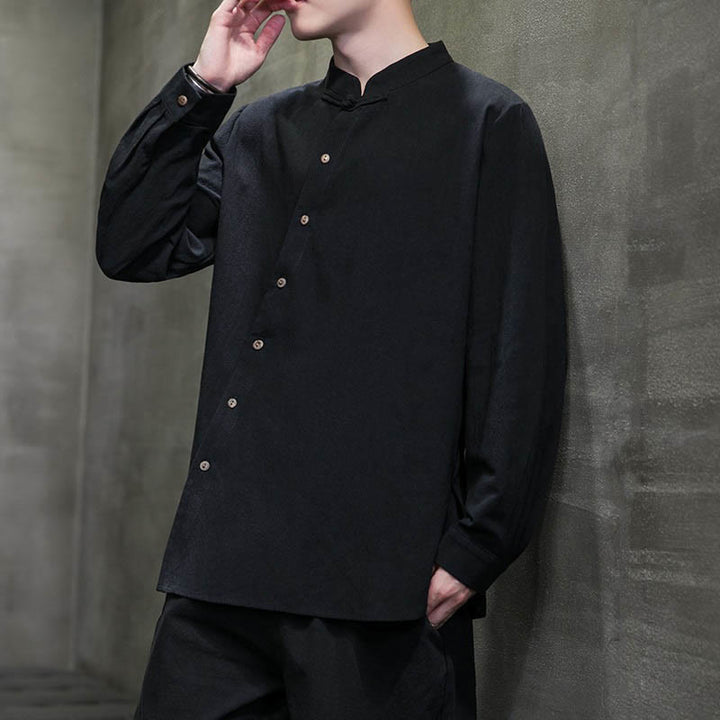 Buddha Stones Men's Long Sleeve Shirt Stand Collar Comfort Cotton Linen Shirt - image 16