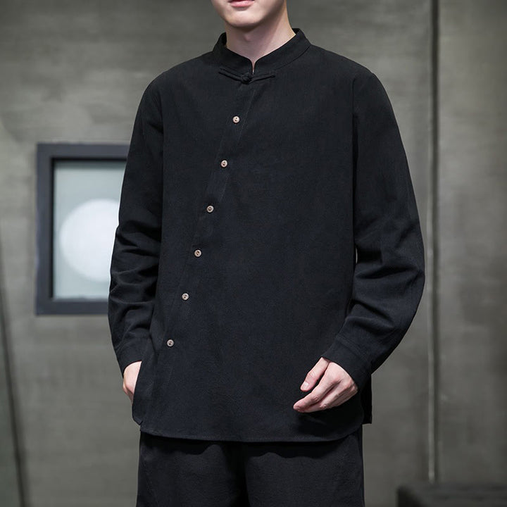 Buddha Stones Men's Long Sleeve Shirt Stand Collar Comfort Cotton Linen Shirt - Black - US/UK/AU46，EU56 (5XL) - image 14