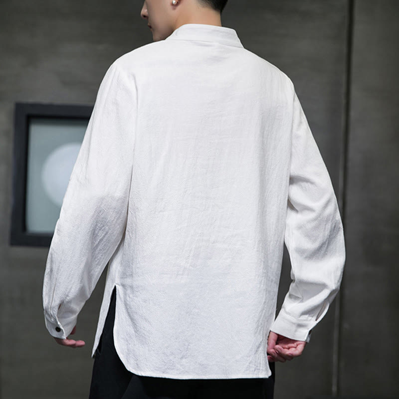Buddha Stones Men's Long Sleeve Shirt Stand Collar Comfort Cotton Linen Shirt - image 2