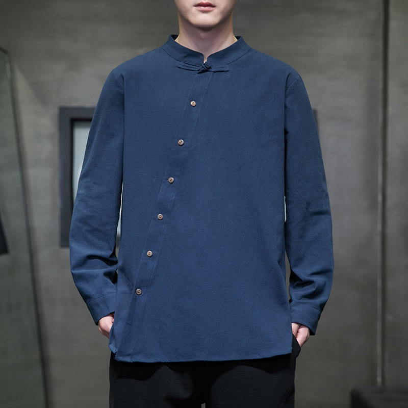 Buddha Stones Men's Long Sleeve Shirt Stand Collar Comfort Cotton Linen Shirt - DarkBlue - US/UK/AU46，EU56 (5XL) - image 6