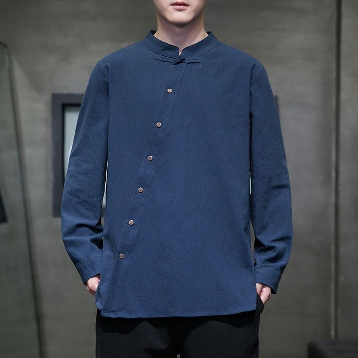 Buddha Stones Men's Long Sleeve Shirt Stand Collar Comfort Cotton Linen Shirt - DarkBlue - US/UK/AU46，EU56 (5XL) - image 6