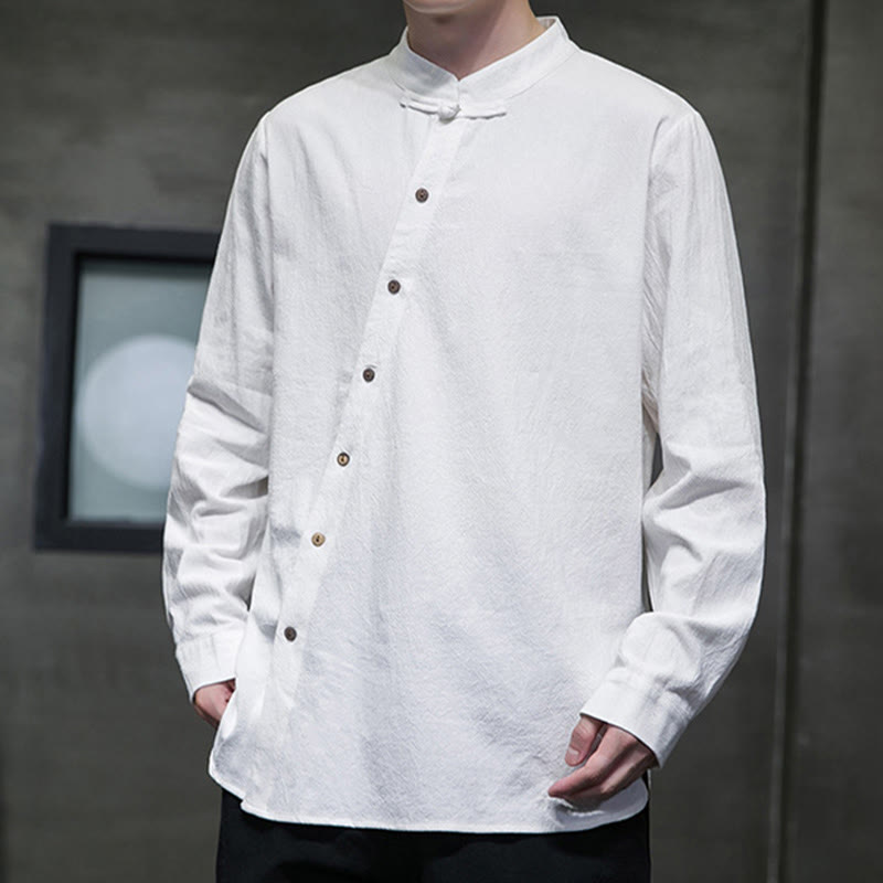Buddha Stones Men's Long Sleeve Shirt Stand Collar Comfort Cotton Linen Shirt - image 1