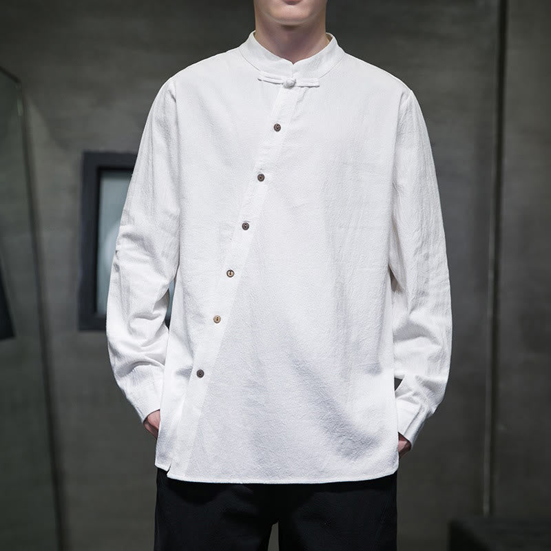 Buddha Stones Men's Long Sleeve Shirt Stand Collar Comfort Cotton Linen Shirt - White - US/UK/AU46，EU56 (5XL) - image 0