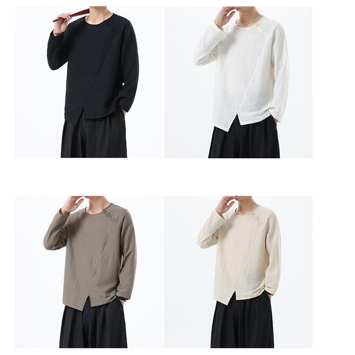 Buddha Stones Men's Long Sleeve Round Collar Comfort Cotton Linen Shirt - image 34