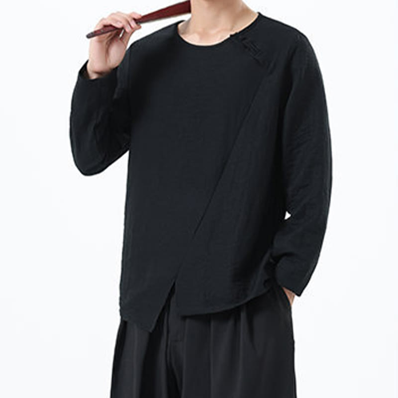 Buddha Stones Men's Long Sleeve Round Collar Comfort Cotton Linen Shirt - image 30