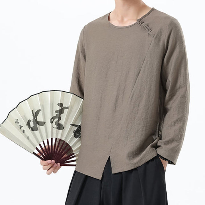 Buddha Stones Men's Long Sleeve Round Collar Comfort Cotton Linen Shirt - image 5