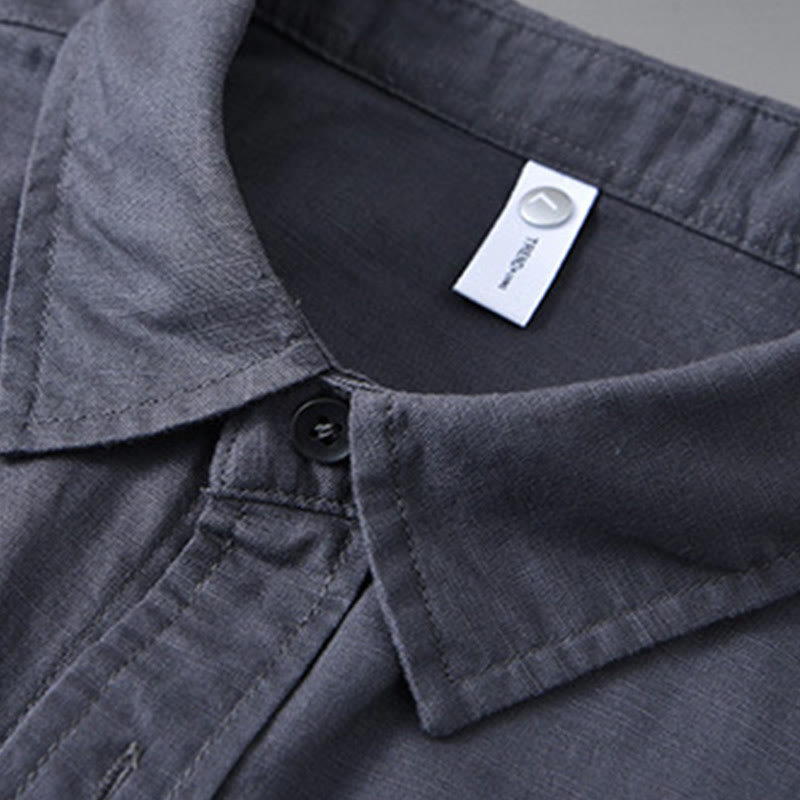 Buddha Stones Men's Long Sleeve Turn-down Collar With Pocket Pure Color Comfortable Cotton Shirt - image 29