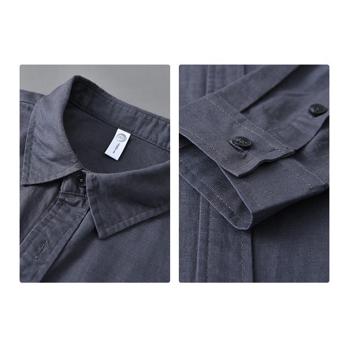 Buddha Stones Men's Long Sleeve Turn-down Collar With Pocket Pure Color Comfortable Cotton Shirt - image 31