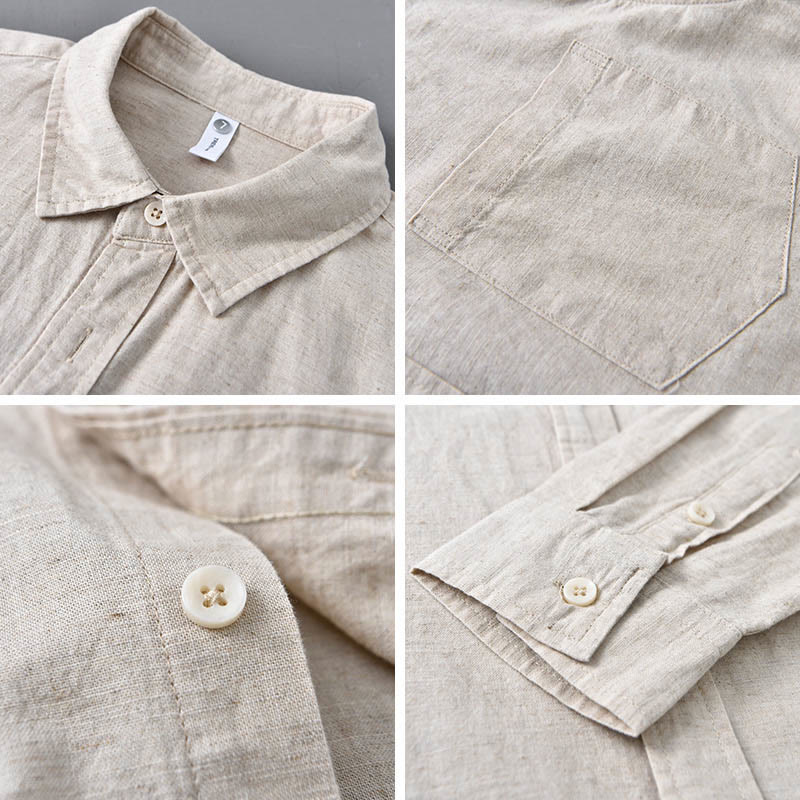 Buddha Stones Men's Long Sleeve Turn-down Collar With Pocket Pure Color Comfortable Cotton Shirt - image 3