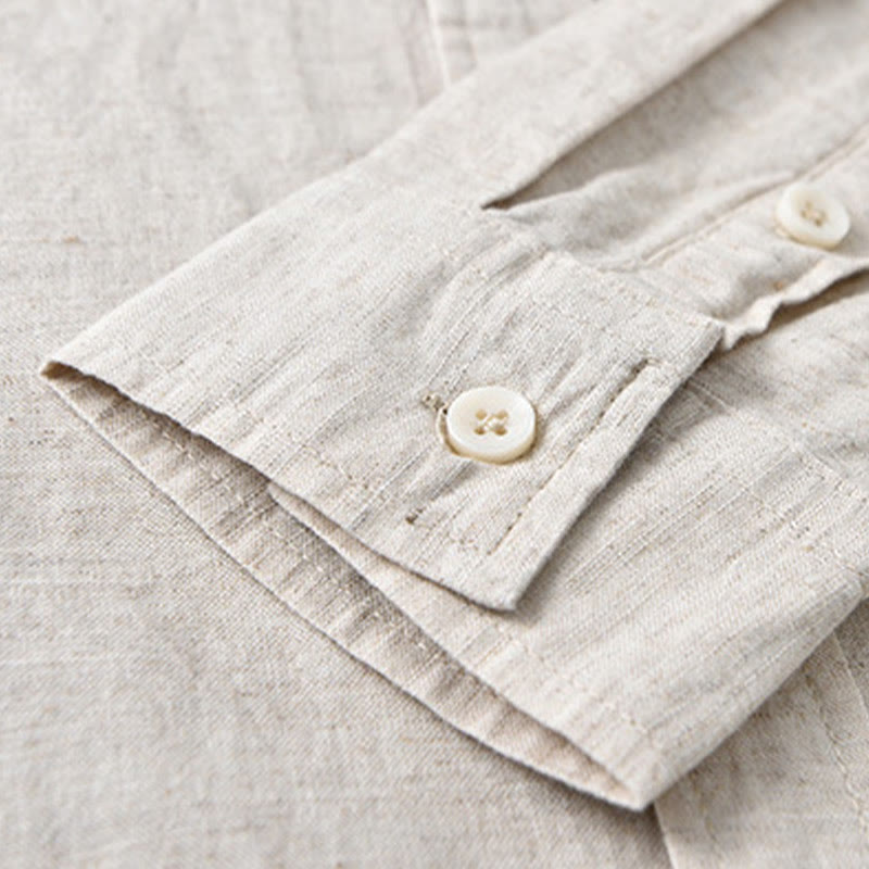 Buddha Stones Men's Long Sleeve Turn-down Collar With Pocket Pure Color Comfortable Cotton Shirt - image 8