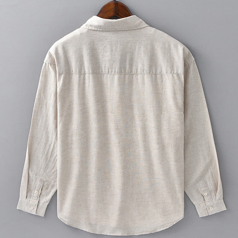 Buddha Stones Men's Long Sleeve Turn-down Collar With Pocket Pure Color Comfortable Cotton Shirt - image 2