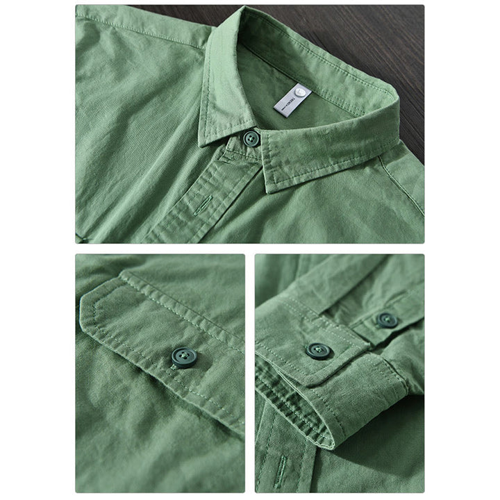 Buddha Stones Men's Long Sleeve Turn-down Collar With Pocket Pure Color Casual Cotton Shirt - image 10