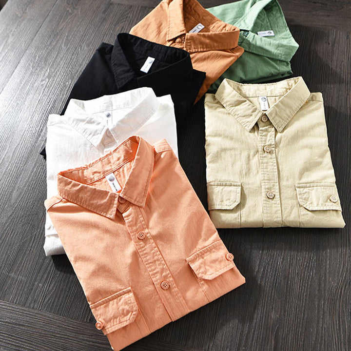 Buddha Stones Men's Long Sleeve Turn-down Collar With Pocket Pure Color Casual Cotton Shirt - image 1