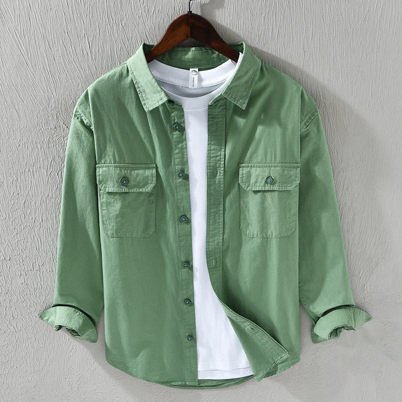 Buddha Stones Men's Long Sleeve Turn-down Collar With Pocket Pure Color Casual Cotton Shirt - MediumSeaGreen - US/UK/AU46，EU56 (5XL) - image 9