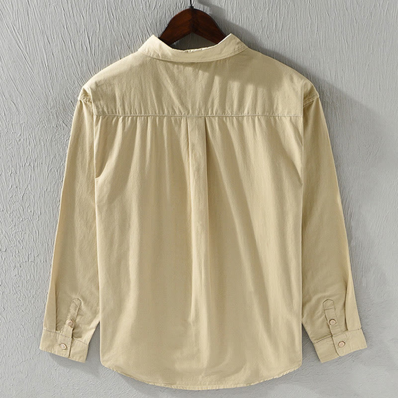 Buddha Stones Men's Long Sleeve Turn-down Collar With Pocket Pure Color Casual Cotton Shirt - image 2