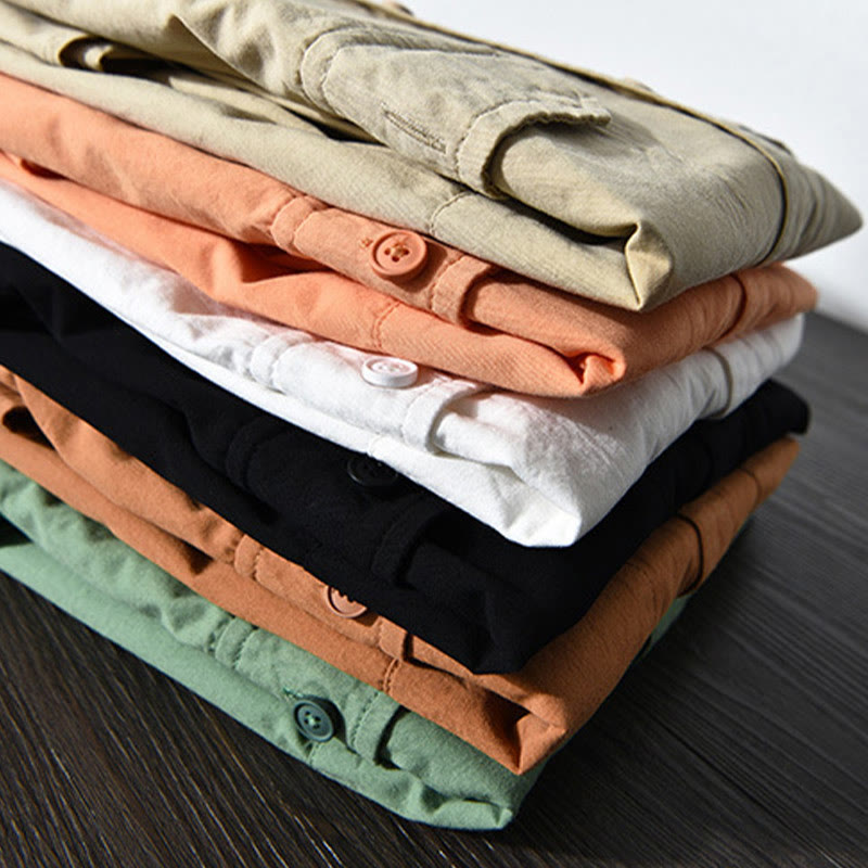 Buddha Stones Men's Long Sleeve Turn-down Collar With Pocket Pure Color Casual Cotton Shirt - image 19