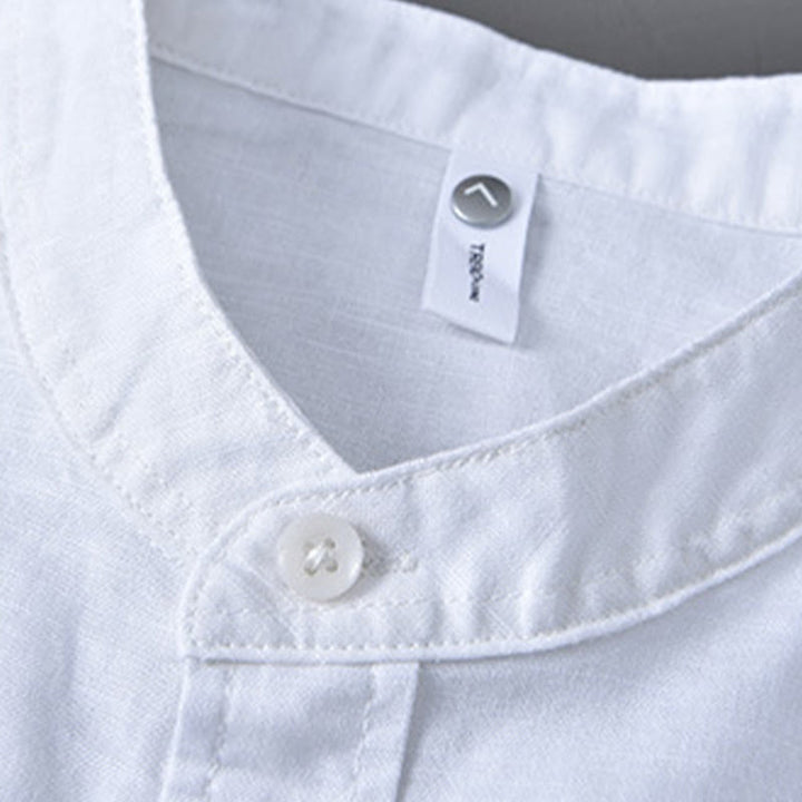 Buddha Stones Men's Long Sleeve Stand Collar With Pocket Pure Color Casual Cotton Linen Shirt - image 6