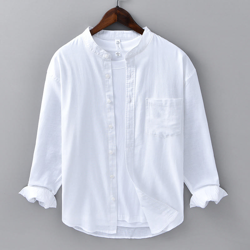 Buddha Stones Men's Long Sleeve Stand Collar With Pocket Pure Color Casual Cotton Linen Shirt - White - US/UK/AU40，EU50 (3XL) - image 5