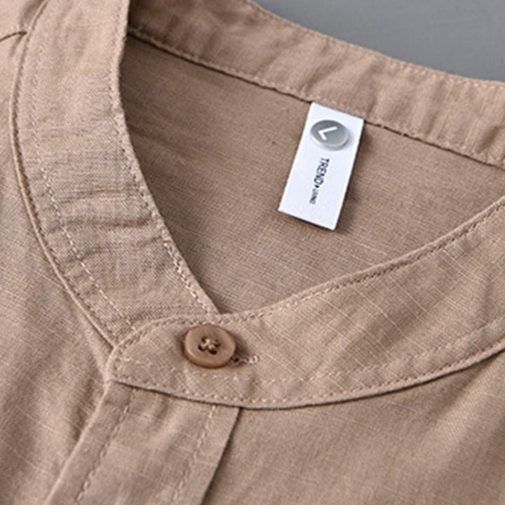 Buddha Stones Men's Long Sleeve Stand Collar With Pocket Pure Color Casual Cotton Linen Shirt - image 30