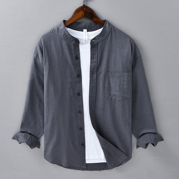 Buddha Stones Men's Long Sleeve Stand Collar With Pocket Pure Color Casual Cotton Linen Shirt