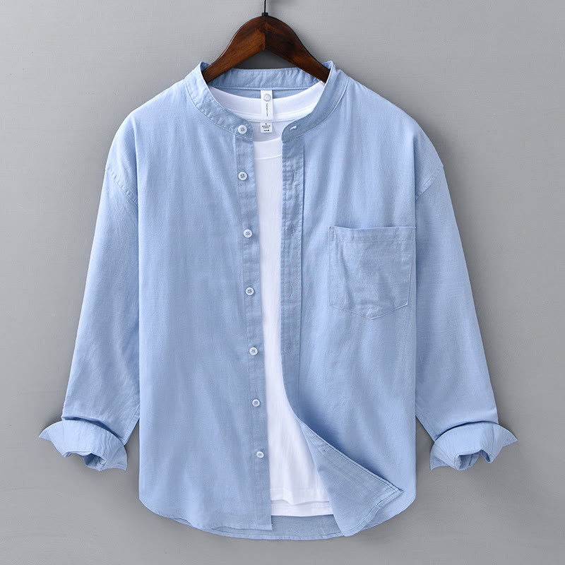 Buddha Stones Men's Long Sleeve Stand Collar With Pocket Pure Color Casual Cotton Linen Shirt - LightSkyBlue - US/UK/AU40，EU50 (3XL) - image 9