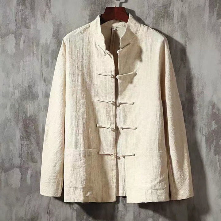 Buddha Stones Men's Tang Long Sleeve Shirt Frog Button With Pocket Stand Collar Comfort Linen Shirt - Cornsilk - US/UK/AU46，EU56 (5XL) - image 10