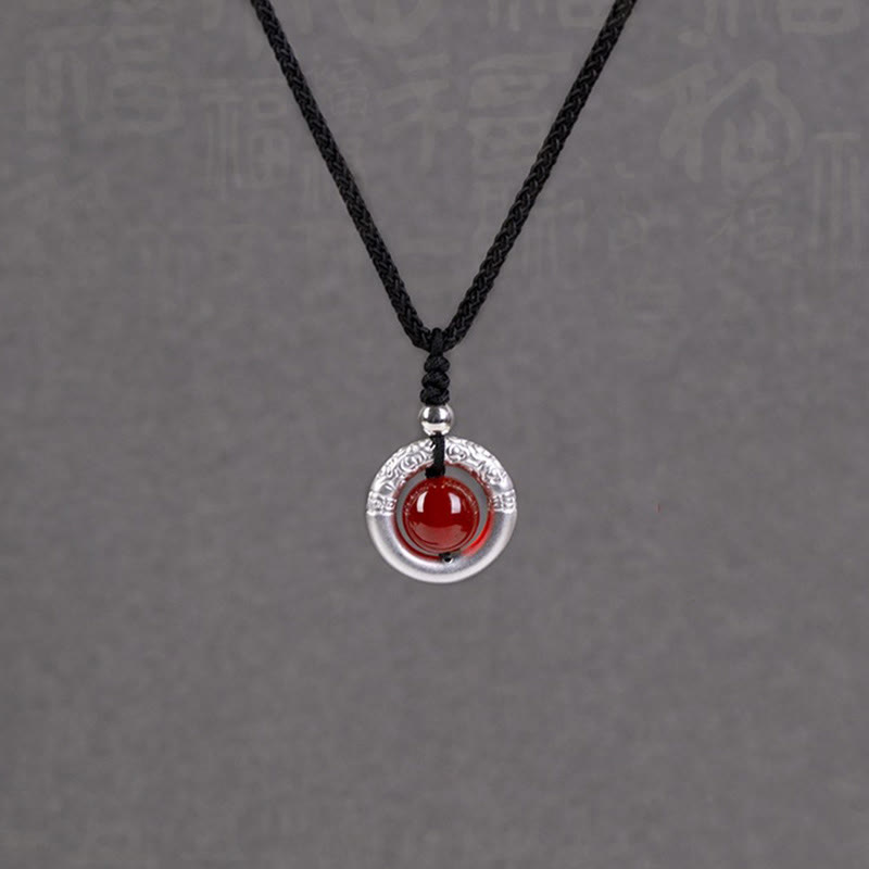 Buddha Stones 999 Sterling Silver Red Agate Peace Buckle Blessing Necklace Pendant