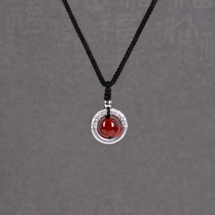 Buddha Stones 999 Sterling Silver Red Agate Peace Buckle Blessing Necklace Pendant