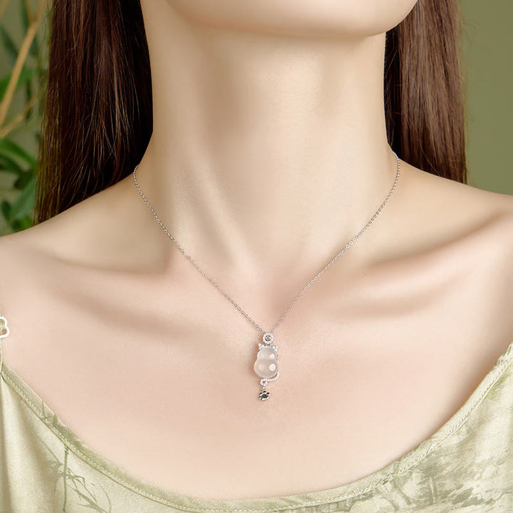 Buddha Stones 925 Sterling Silver Plated 14k Gold White Jade Gourd Cat Protection Necklace Pendant - image 3